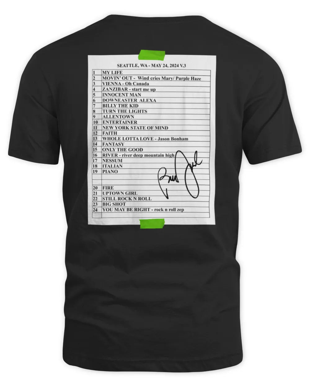 Official Billy Joel 5-24-24 Seattle Set List Tee Shirt All Merch