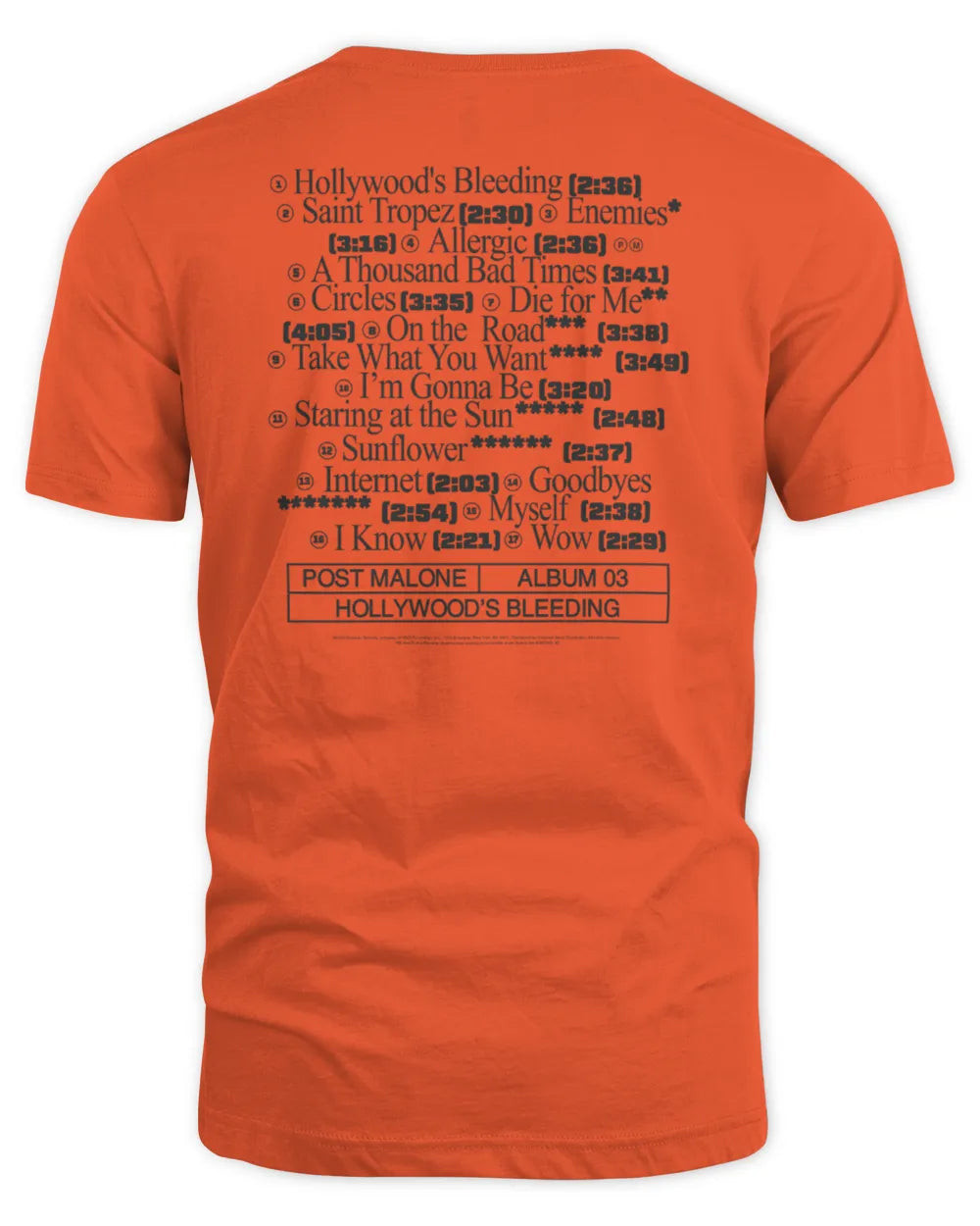 Post Malone Merch Store Hollywood's Bleeding Tracklist Tee Shirt All Merch