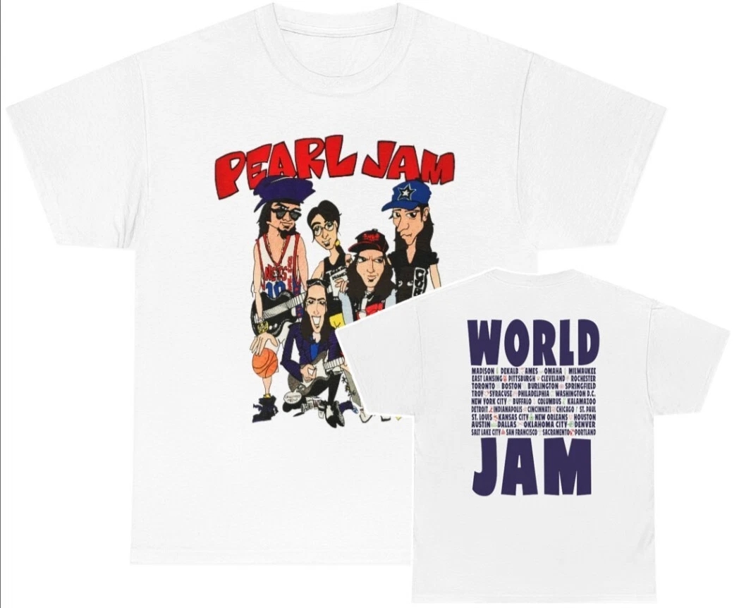 Pearl Jam Cartoon 1991 Ten World Jam Tour 2 Side Shirt